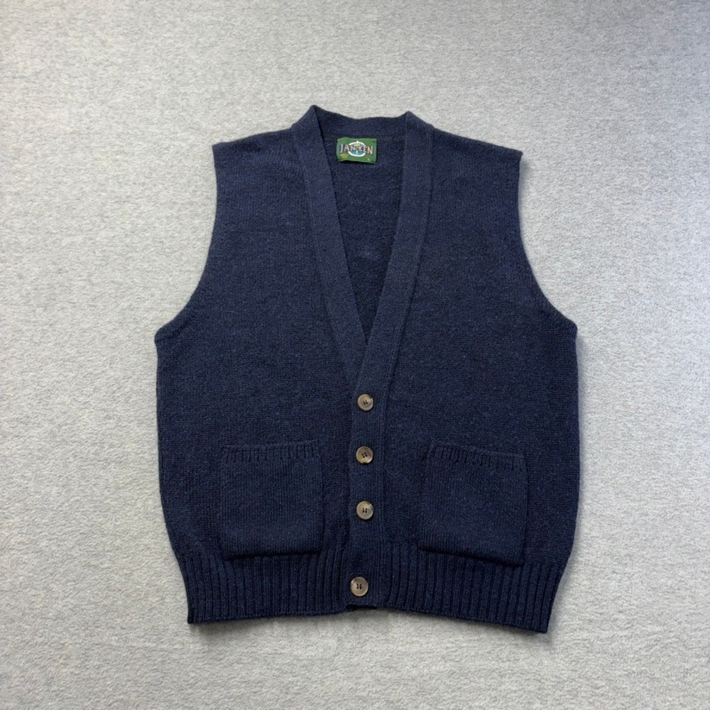 Vintage Jantzen Mens Large Navy Blue Knit Cardigan Vest Button Front Made in USA